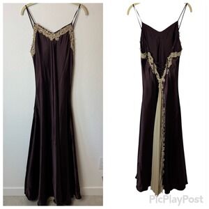 Secrets Plum Satin Lace-Up Back Maxi Dress Gold Lace Beaded Trim Gown Asia